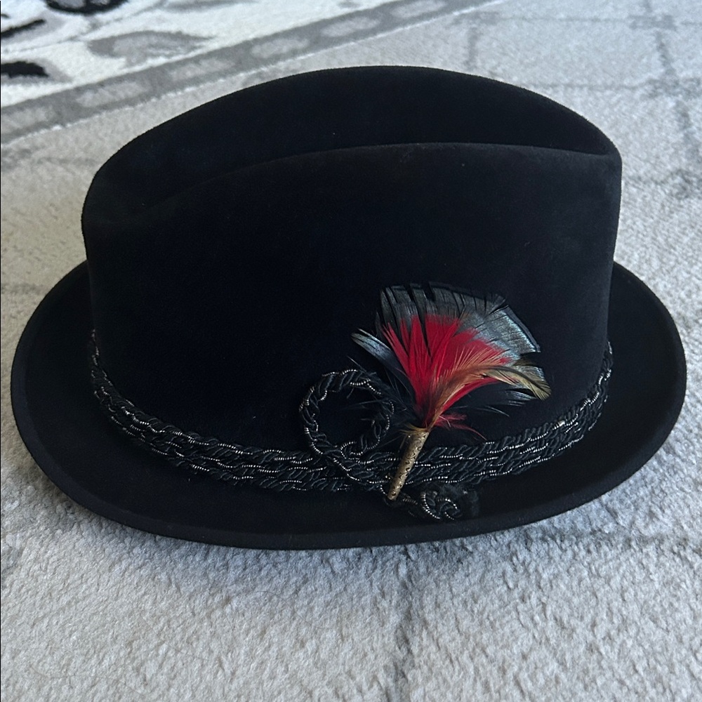 Vintage Darwin Velour Black Fedora with Feather Accent